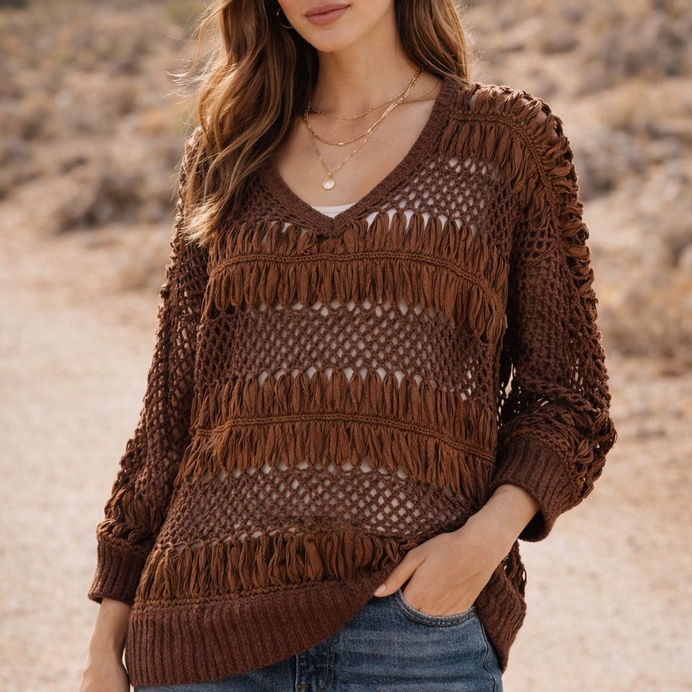 Chocolate Brown Open Knit Crochet Fringe Sweater 70s Boho Textured Top INC L